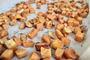 Roasted sweet potatoes for black bean burgers